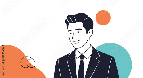 Minimalist portrait of a handsome man in a suit looking to the side against a white background with colorful abstract shapes in flat art.