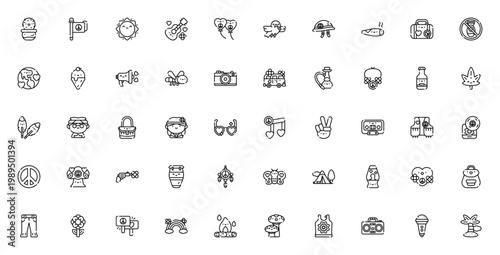 Hippies icon set. Vector symbols pack with peace, flower, guitar, rainbow, dove, cannabis, protest, music and more. Editable stroke illustration.