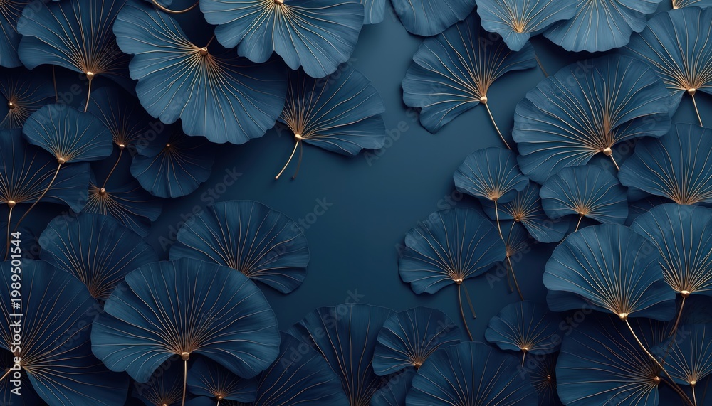 Fototapeta premium Dark blue background with detailed golden line art ginkgo leaves. Elegant natural pattern offers luxurious botanical texture. Minimalist organic design for sophisticated themes.