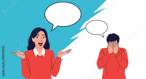Surprised young woman and a sad man with his head in his hands have empty speech bubbles for their conversation about a problem.