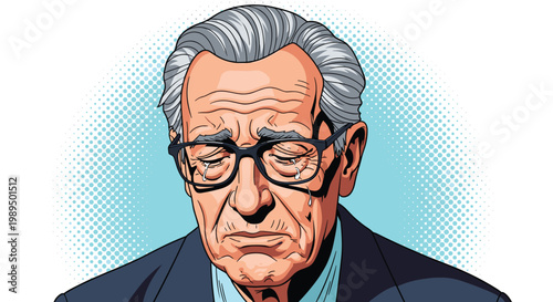 Emotional portrait of an elderly man with glasses crying with his eyes closed against a blue polka dot background for a sense of loss.