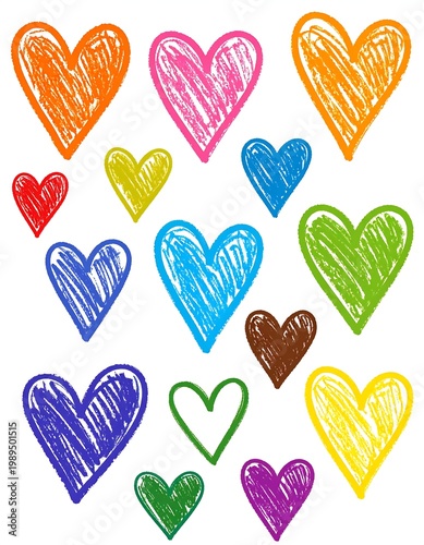 Colorful Hand Drawn Hearts Collection With Textured Crayon Style Effect Isolated On A Plain White Background