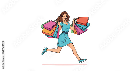 Happy young woman in a blue dress runs with many colorful shopping bags, celebrating a successful and fun shopping trip at a mall.
