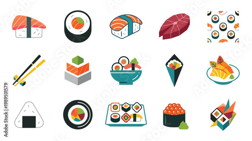 A vibrant collection of various sushi and Japanese food items, presented in a clean, illustrative style.