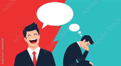 Contrasting scene shows a happy laughing businessman and a sad businessman with empty speech bubbles for their diverse work moods.