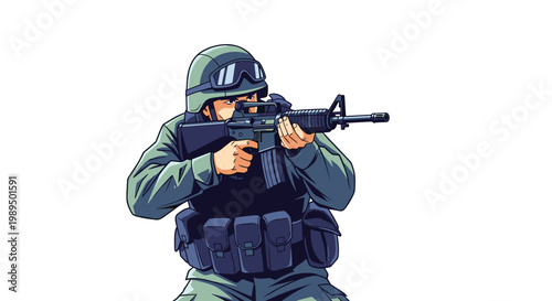 Soldier in full tactical gear and helmet aims an assault rifle with focus and determination on a white background for a mission task.