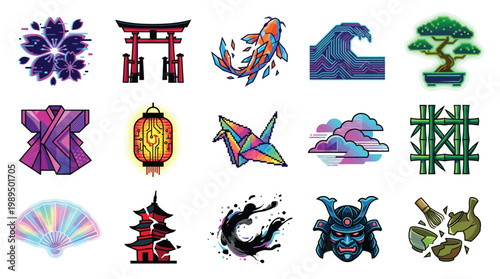 A vibrant collection of Japanese cultural icons rendered in a pixel art style, featuring traditional symbols and motifs.