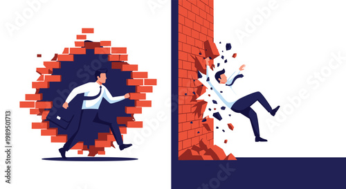 Dynamic split scene showing a businessman breaking through a brick wall and another man falling backwards from a wall.