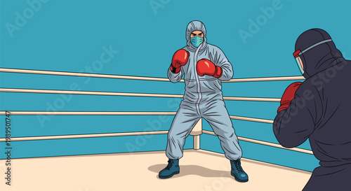 Two people wearing protective medical hazmat suits and face masks boxing in a ring in a conceptual fight against viruses.