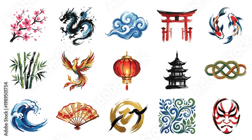 Collection of traditional Japanese cultural symbols and motifs, including dragons, phoenixes, koi fish, cherry blossoms, and architectural elements.
