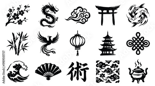 Collection of Traditional East Asian Cultural Symbols and Icons Rendered in Black Ink Style.