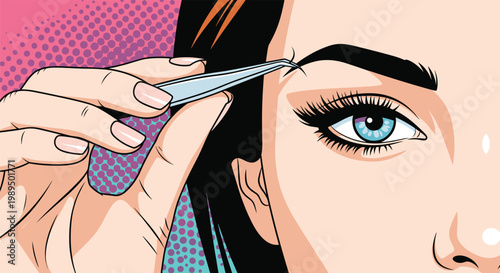 Close-up of a woman with blue eyes using metal tweezers to pluck her eyebrow over a pink halftone pop art background.