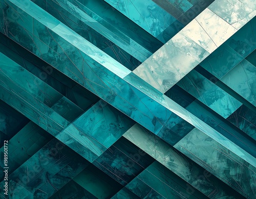 Abstract geometric composition, teal and white hues, layered rectangular blocks, textures suggesting marble or water