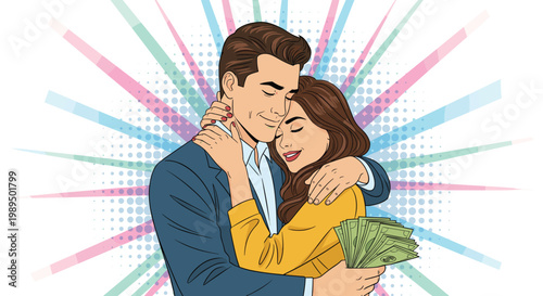 Happy couple in love hugging while the woman holds a large fan of cash banknotes over a colorful sunburst background.