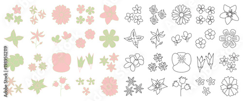 Cute Hand Drawn Flower Icons in Soft Pink and Green, Abstract Flower Shapes Collection in Pastel Colors