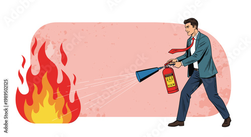 Professional businessman in a suit and tie using a red fire extinguisher to put out a fire in a conceptual office scene.