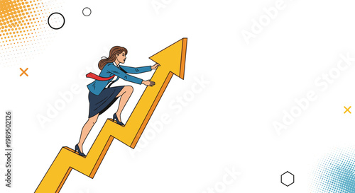 Determined businesswoman in a suit climbing up a giant yellow growth arrow pointing toward success on a white background.