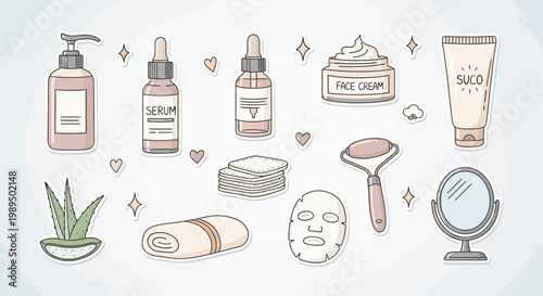 A charming illustration featuring a collection of pastel-colored skincare and beauty products for a daily self-care routine.