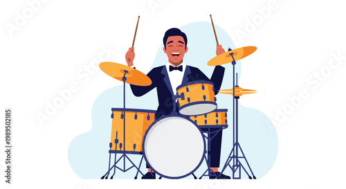 Happy young man in a tuxedo and bowtie playing a full set of yellow drums and cymbals with wooden sticks in a performance.