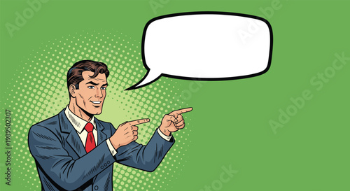 Confident businessman in a suit pointing with both hands to the side next to an empty speech bubble on a green background.