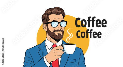Stylish bearded businessman with glasses holding a cup of hot coffee with a coffee coffee text on a yellow background.