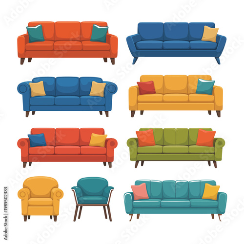 Sofas and armchairs in various colors and styles are arranged in a collection for interior design projects.