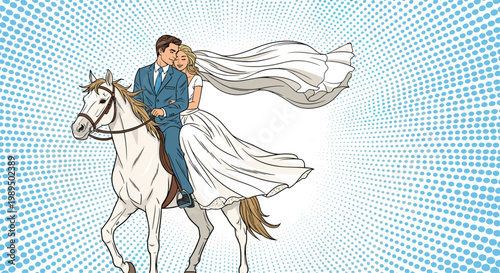 Romantic bride and groom in full wedding attire riding a white horse together against a blue halftone starburst background.