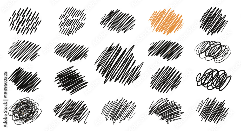 Fototapeta premium Assortment of hand drawn pencil scribbles and hatch marks in different styles of shading including one distinct orange patch.