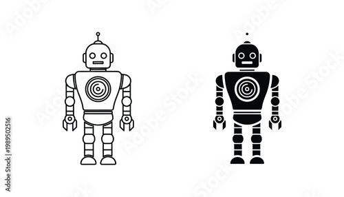 Classic retro robot figure with circular chest plate in line art and solid black silhouette vector graphic for science fiction and vintage technology branding