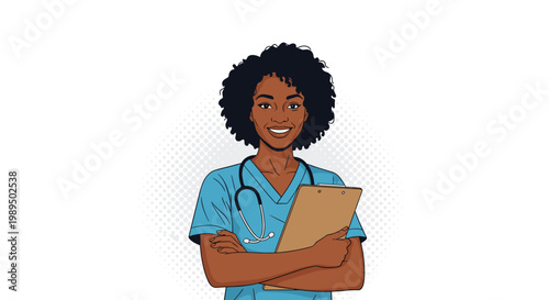 Confident black female doctor or nurse in blue medical scrubs holding a clipboard and smiling against a white background.