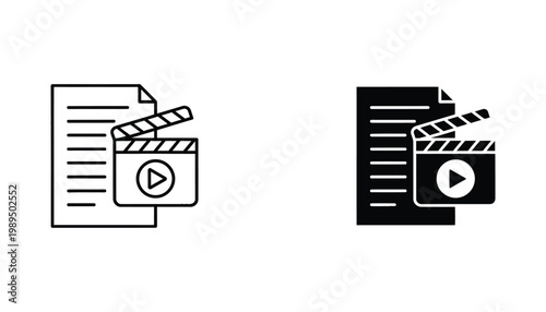 Video production document and clapperboard icon set in line art and solid black silhouette for film editing and cinematic content creation branding and digital media projects