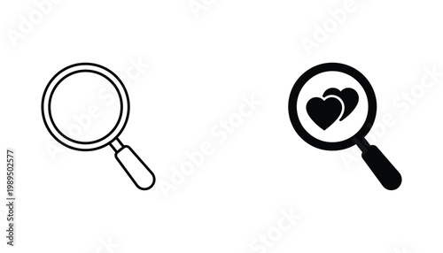 Magnifying glass with heart icons inside showing search for love concept in minimalist black and white line art and solid silhouette vector graphic design for romantic digital and print media