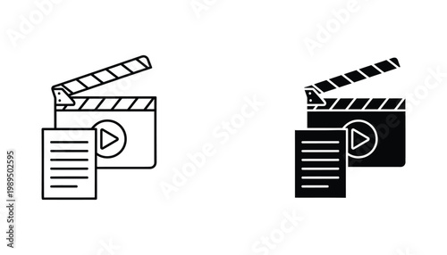 Movie clapperboard and script document icon set for film production and cinema industry project management in clean black and white vector graphic design style