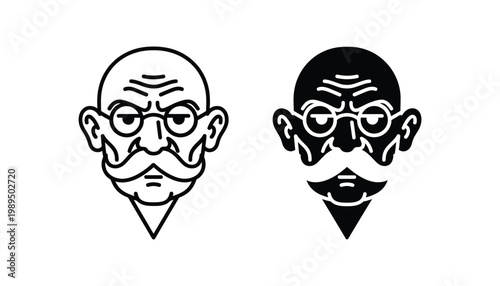 Stylized portrait of a wise elderly man with a mustache and glasses in a bold minimalist vector icon style