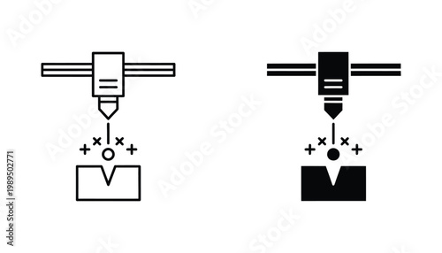 Industrial 3D printer nozzle extruding material with geometric markers in a clean technical vector icon style