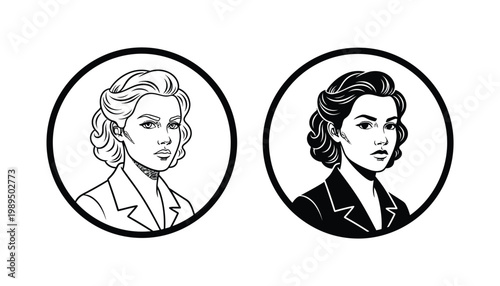 Elegant retro woman portrait in circular frame illustration set for vintage fashion and beauty branding