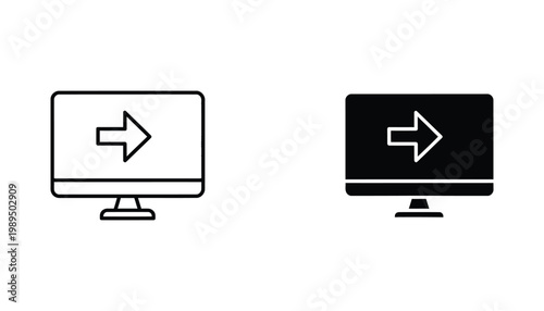 Computer monitor screen with forward arrow icon indicating data transfer or upload process in minimalist vector style