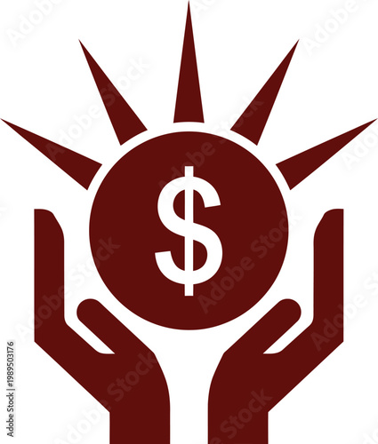 Vector illustration of hands holding a dollar sign with sunburst behind