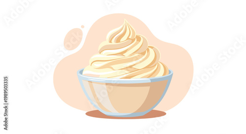 Generous swirl of creamy whipped frosting or dessert topping is served in a small bowl on a soft background.