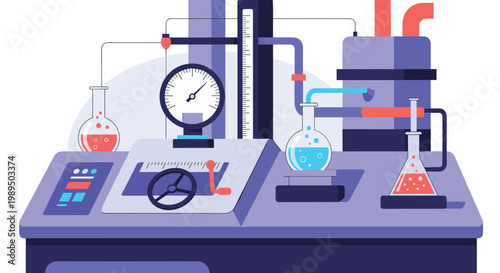 Detailed industrial laboratory setup features various glass flasks, pressure gauges, and complex piping.