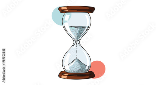 Traditional glass hourglass with flowing sand is illustrated in a classic style with colorful circle accents.