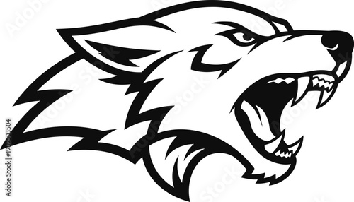 A black and white wolf head growling fiercely with bared fangs.