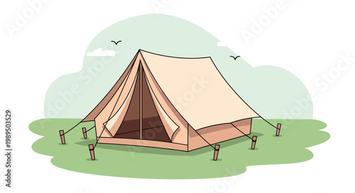 Illustration of a large canvas wall tent set up in a green field under a clear sky for a rustic camping adventure in the great outdoors.