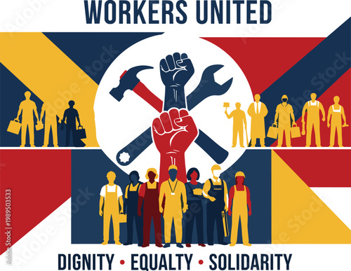 Workers United poster featuring diverse silhouettes of laborers with raised fists, hammer, and wrench representing dignity, equality, and industrial solidarity.