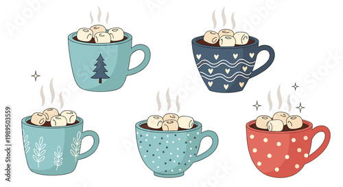 Set of five cozy mugs filled with hot chocolate and marshmallows featuring different festive patterns like pine trees and small hearts.