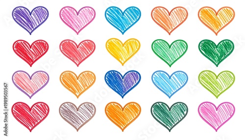 Colorful Hand Drawn Scribble Hearts Illustration Set In A Grid Pattern On White Background Isolated Vibrant Crayon Style Sketch