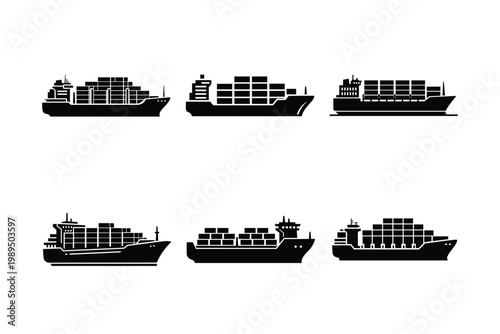 Cargo Ship Icon – Container Shipping Vessel Black Silhouette Vector