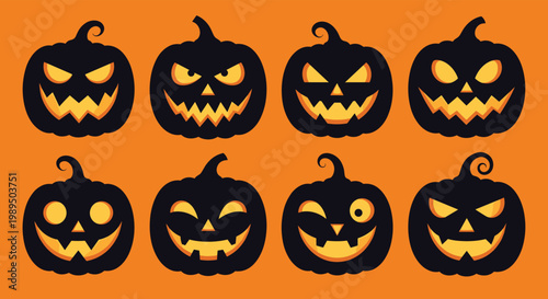 Collection of eight spooky jack o lantern pumpkin silhouettes with different glowing faces on a bright orange background for halloween.