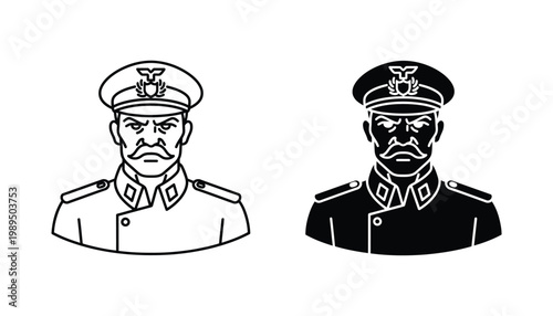 Military officer or naval captain portrait icon set featuring a stern leader in uniform for historical or character design