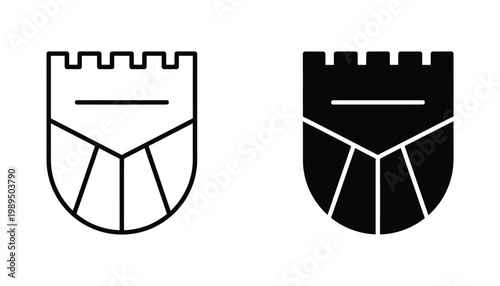 Castle shield emblem outline and solid silhouette vector graphic representing security and heraldry